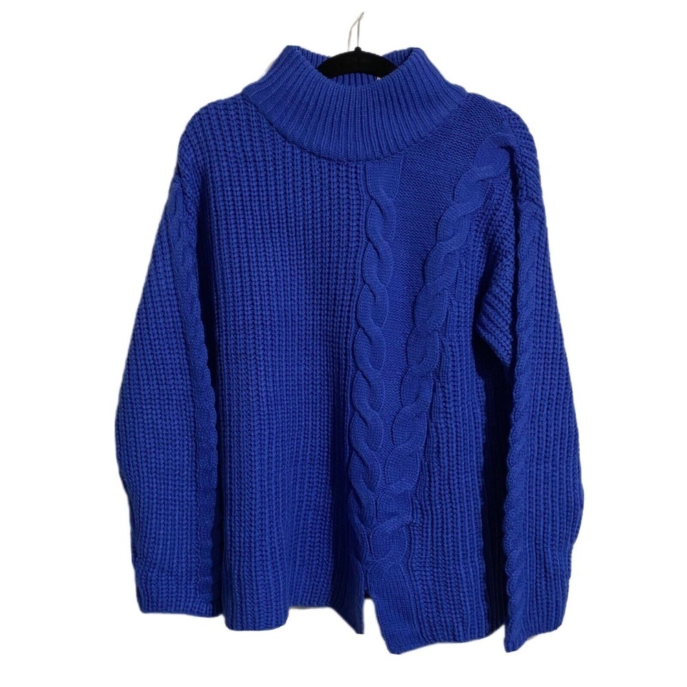 Poof Apparel Women's Sweater Pullover Cable Knit Mock Neck Blue Size XL